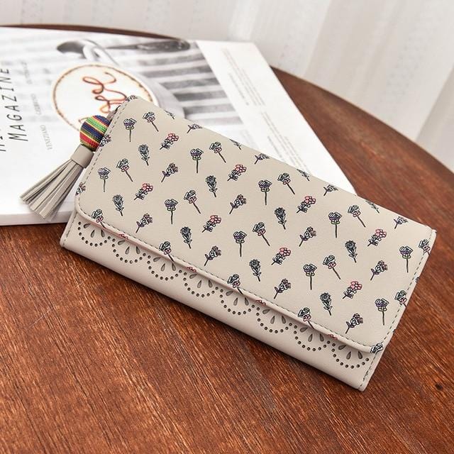 Hollow Out Vegan Leather Floral Wallet Card Holder Ladies Long Purse - Khaki - Luxury bags by WAAMII
