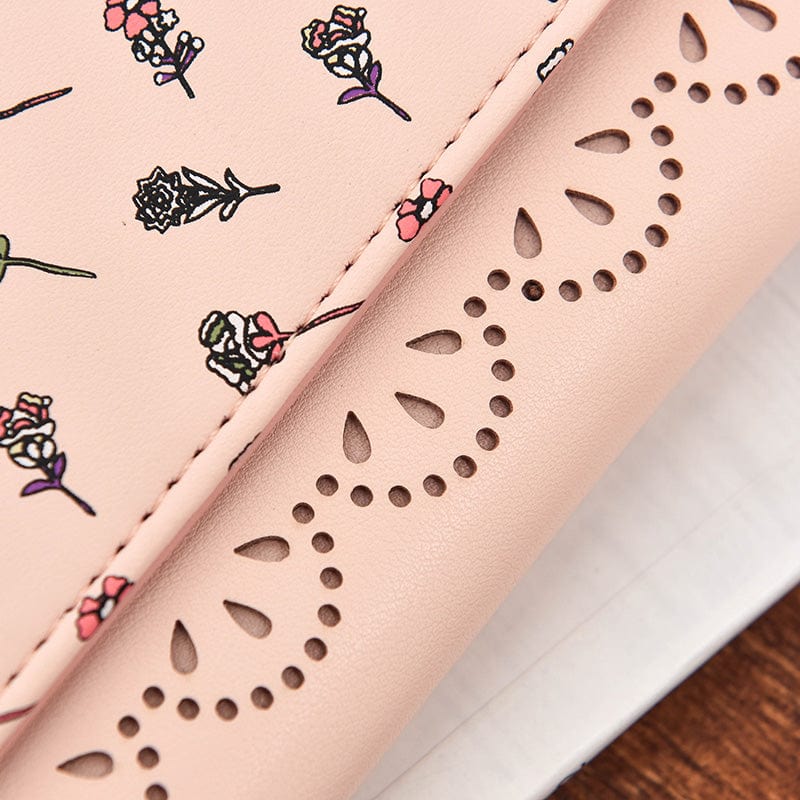 Hollow Out Vegan Leather Floral Wallet Card Holder Ladies Long Purse bags WAAMII