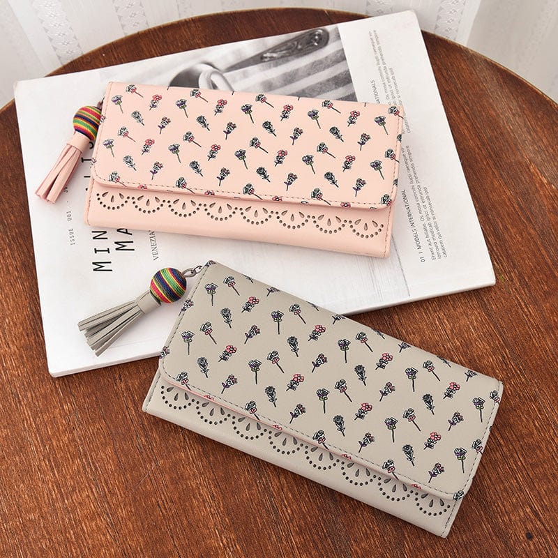 Hollow Out Vegan Leather Floral Wallet Card Holder Ladies Long Purse - - Luxury bags by WAAMII