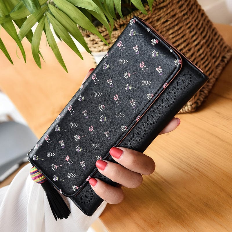 Hollow Out Vegan Leather Floral Wallet Card Holder Ladies Long Purse - - Luxury bags by WAAMII