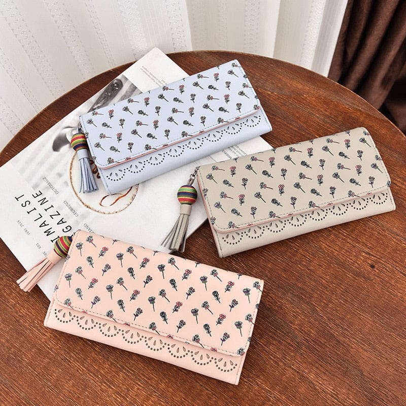 Hollow Out Vegan Leather Floral Wallet Card Holder Ladies Long Purse - - Luxury bags by WAAMII