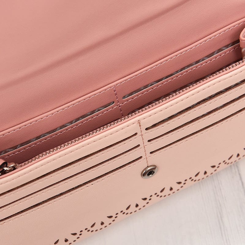Hollow Out Vegan Leather Floral Wallet Card Holder Ladies Long Purse - - Luxury bags by WAAMII