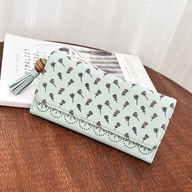 Hollow Out Vegan Leather Floral Wallet Card Holder Ladies Long Purse - Green - Luxury bags by WAAMII