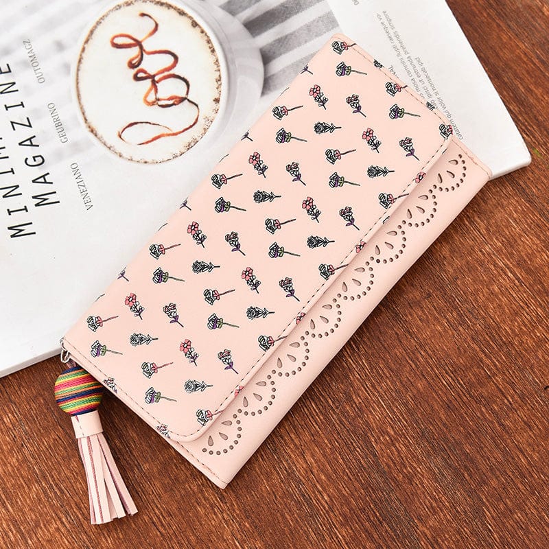 Hollow Out Vegan Leather Floral Wallet Card Holder Ladies Long Purse - Pink - Luxury bags by WAAMII