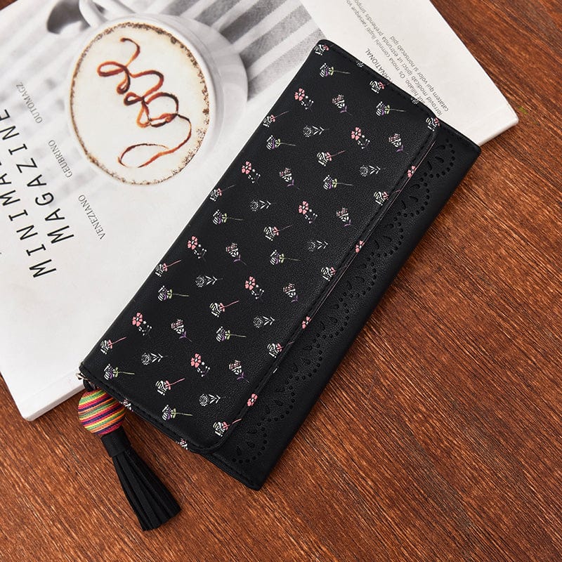 Hollow Out Vegan Leather Floral Wallet Card Holder Ladies Long Purse - Black - Luxury bags by WAAMII
