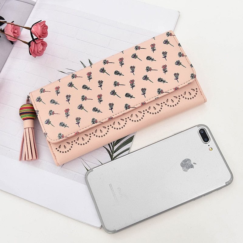 Hollow Out Vegan Leather Floral Wallet Card Holder Ladies Long Purse - - Luxury bags by WAAMII