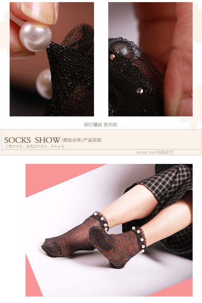 Ladies Pearl Beads Glitter Mesh Invisible Ankle Socks Lace Socks - - Luxury Accessories by WAAMII
