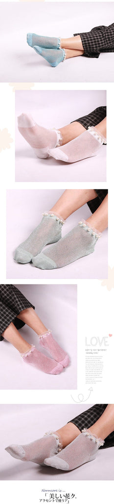 Ladies Pearl Beads Glitter Mesh Invisible Ankle Socks Lace Socks - - Luxury Accessories by WAAMII