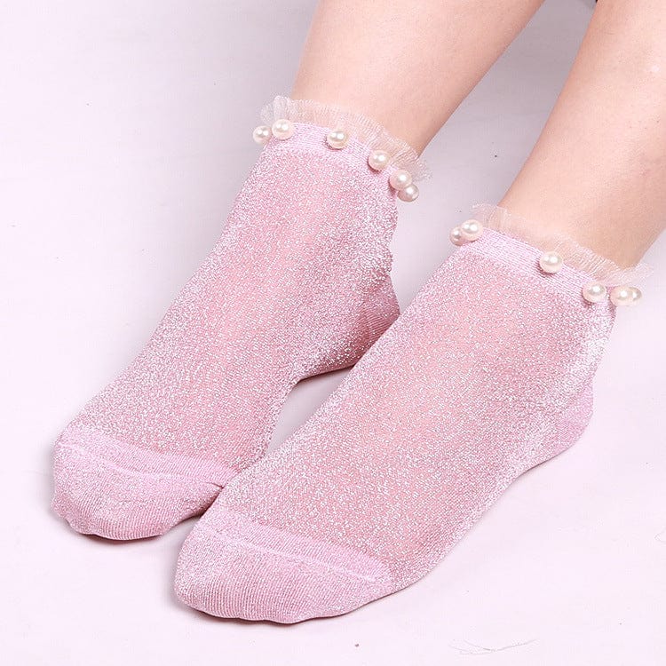 Ladies Pearl Beads Glitter Mesh Invisible Ankle Socks Lace Socks - - Luxury Accessories by WAAMII