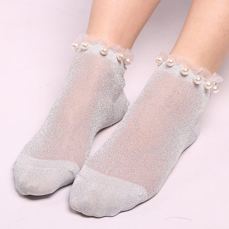 Ladies Pearl Beads Glitter Mesh Invisible Ankle Socks Lace Socks - - Luxury Accessories by WAAMII