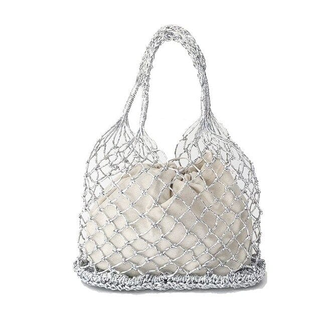 Lesley Hollow Woven Netted Handbag Beach Bag - silver - Luxury bags by WAAMII