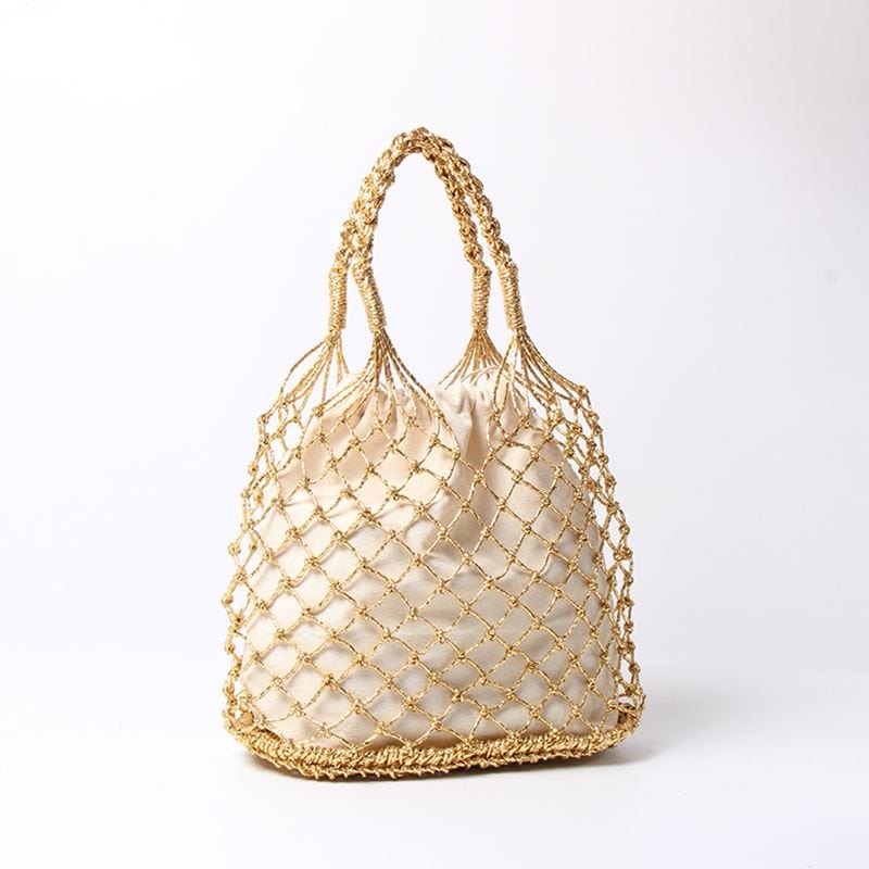 Lesley Hollow Woven Netted Handbag Beach Bag - glod beige - Luxury bags by WAAMII