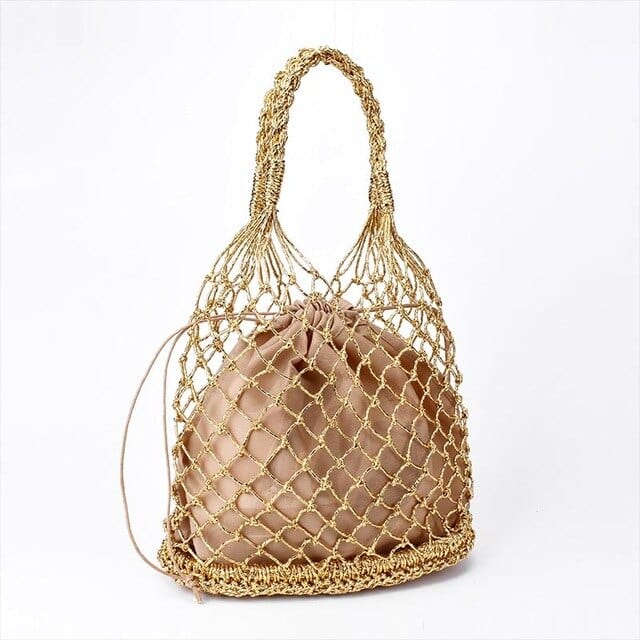 Lesley Hollow Woven Netted Handbag Beach Bag - gold brown - Luxury bags by WAAMII