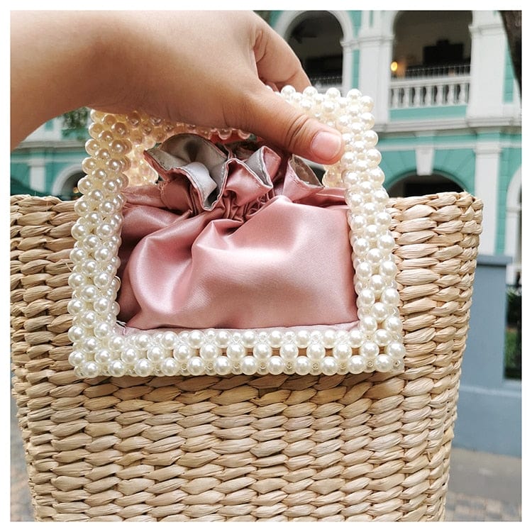 Lona Summer Pearl Straw Top Handle Beach Bag - - Luxury bags by WAAMII