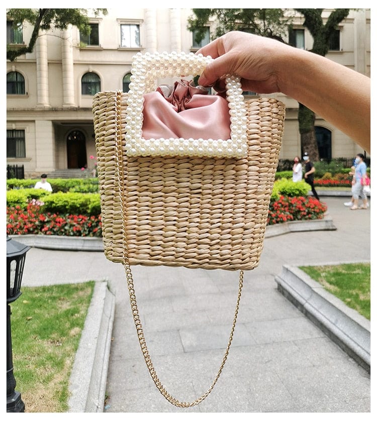 Lona Summer Pearl Straw Top Handle Beach Bag - - Luxury bags by WAAMII
