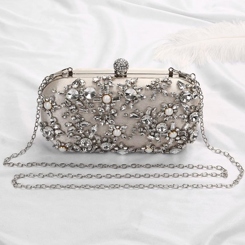 Luxury Crystal Diamante Beaded Clutch Bag-Silver/Apricot - - Luxury bags by WAAMII