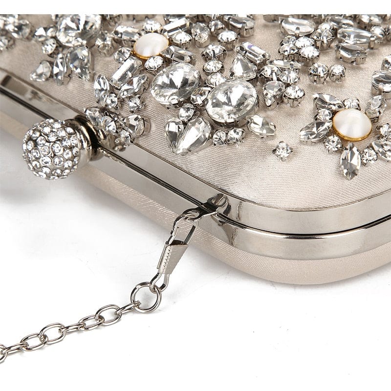 Luxury Crystal Diamante Beaded Clutch Bag-Silver/Apricot - - Luxury bags by WAAMII
