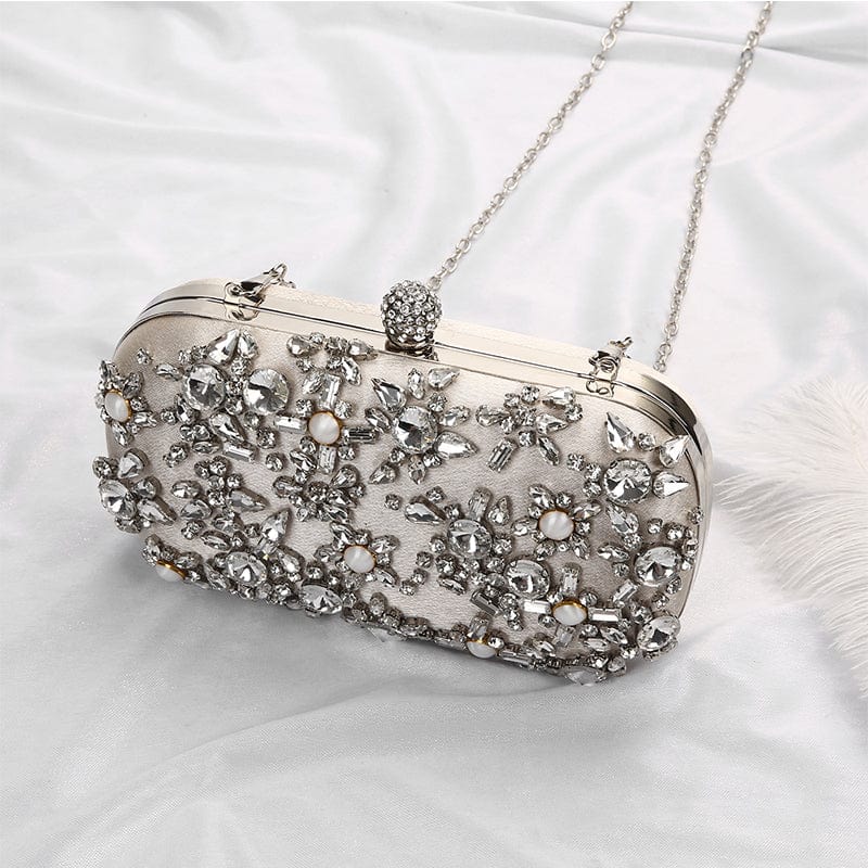 Luxury Crystal Diamante Beaded Clutch Bag-Silver/Apricot - - Luxury bags by WAAMII