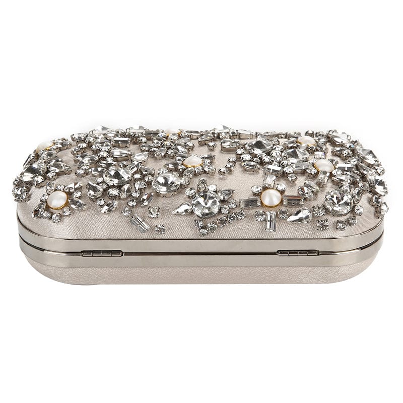 Luxury Crystal Diamante Beaded Clutch Bag-Silver/Apricot - - Luxury bags by WAAMII