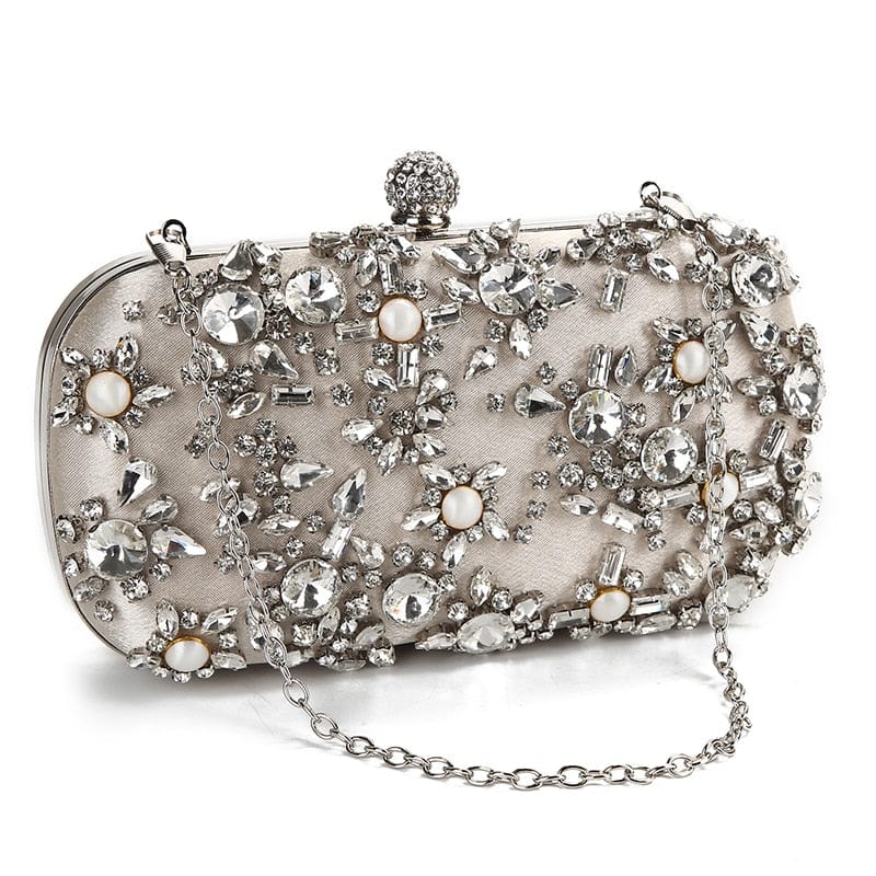 Luxury Crystal Diamante Beaded Clutch Bag-Silver/Apricot - - Luxury bags by WAAMII