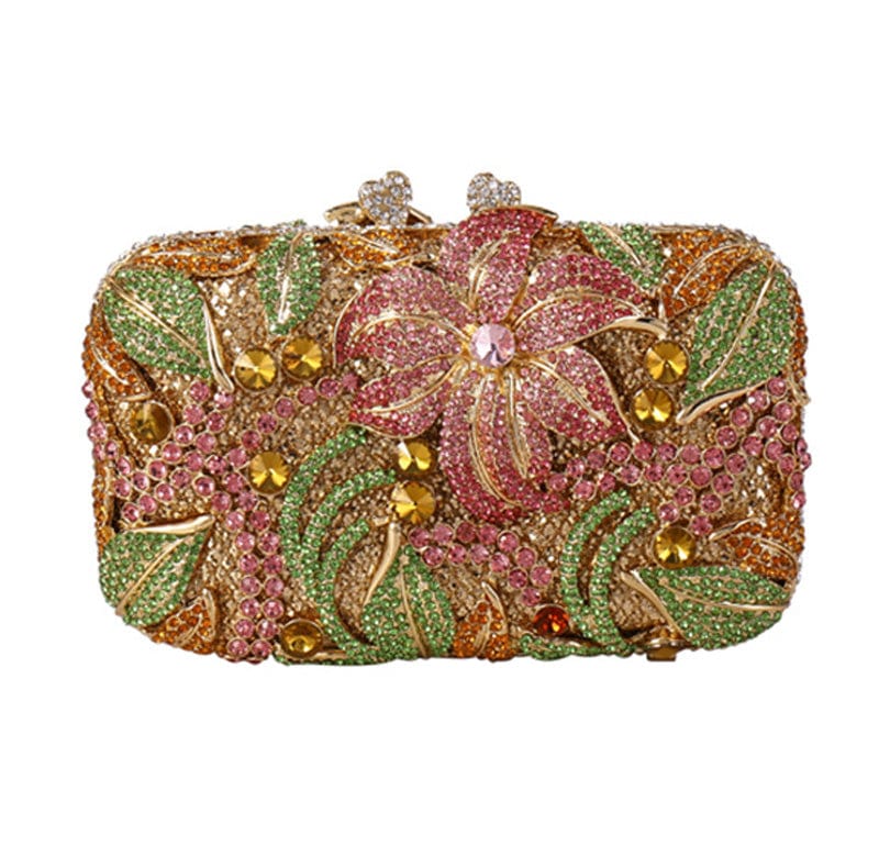 Luxury Lily Flower Diamante Clutch Evening Purse - Pink Green - Luxury bags by WAAMII