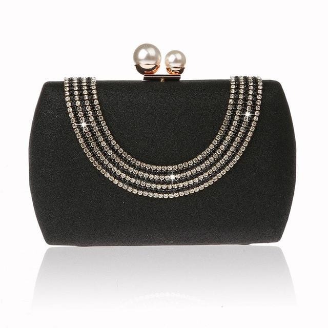 Luxury Pearl Clasp Glittery Crystal Rhinestone Clutch - Black - Luxury bags by WAAMII