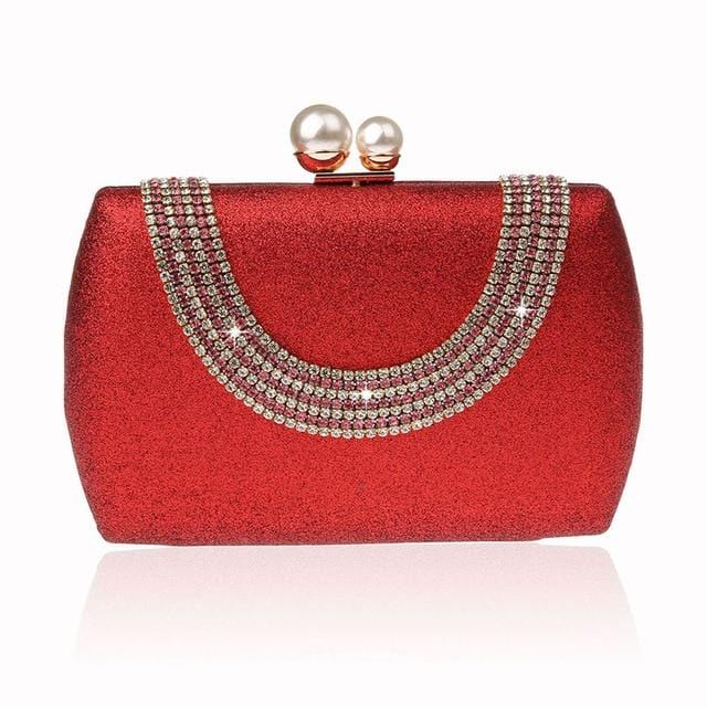 Luxury Pearl Clasp Glittery Crystal Rhinestone Clutch - Red - Luxury bags by WAAMII