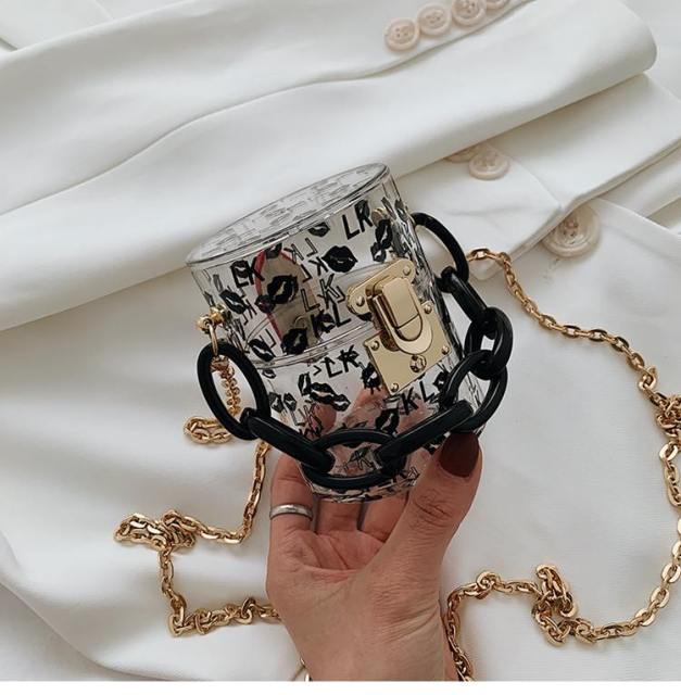 Mini Round Transparent Jelly Bag Silk Scarf Clutch bags WAAMII lip black s size 12x12x9 cm