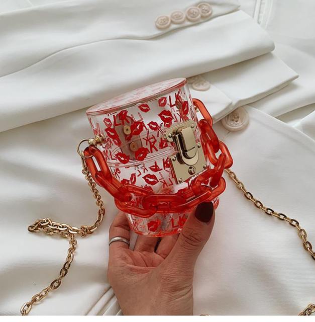 Mini Round Transparent Jelly Bag Silk Scarf Clutch bags WAAMII lip red s size 12x12x9 cm