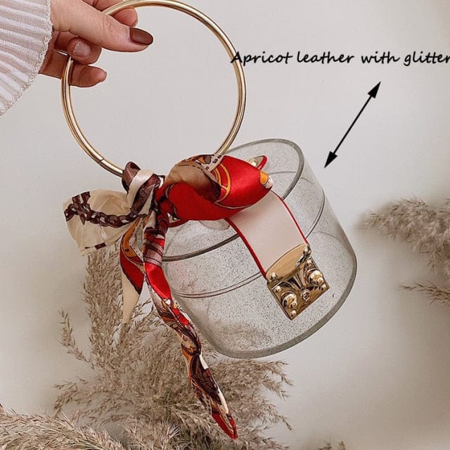 Mini Round Transparent Jelly Bag Silk Scarf Clutch - Apricot glitter 12x12x9 cm - Luxury bags by WAAMII