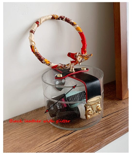 Mini Round Transparent Jelly Bag Silk Scarf Clutch - Black glitter 12x12x9 cm - Luxury bags by WAAMII
