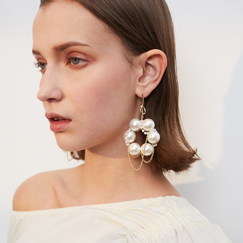 Mismatched Gold Plated Chains Pearl Hoop Earrings - - Luxury Jewelry by WAAMII