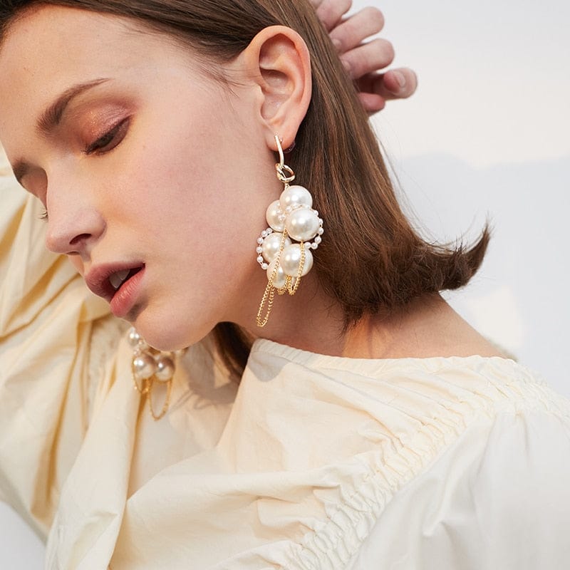 Mismatched Gold Plated Chains Pearl Hoop Earrings - - Luxury Jewelry by WAAMII