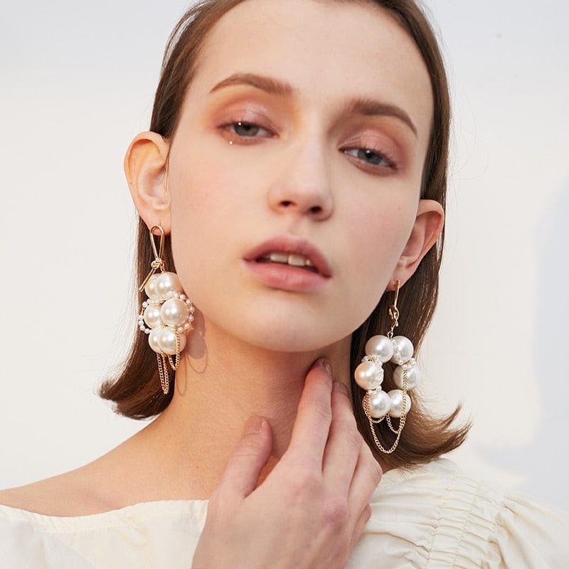 Mismatched Gold Plated Chains Pearl Hoop Earrings - - Luxury Jewelry by WAAMII