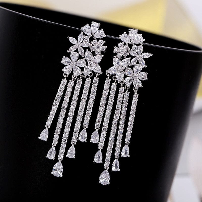 Multi-Color Flower Rhinestone CZ Long Tassel Dangle Earrings - White - Luxury Jewelry by WAAMII