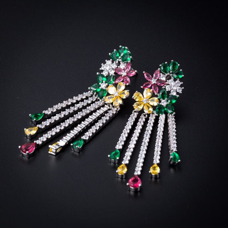 Multi-Color Flower Rhinestone CZ Long Tassel Dangle Earrings - Multicolour - Luxury Jewelry by WAAMII