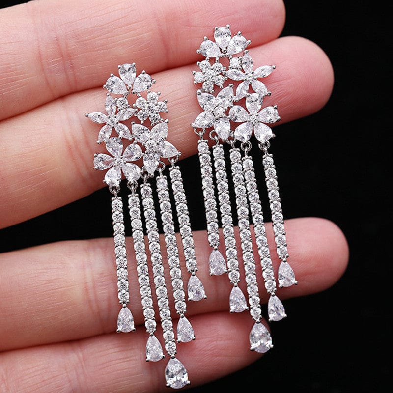 Multi-Color Flower Rhinestone CZ Long Tassel Dangle Earrings - - Luxury Jewelry by WAAMII