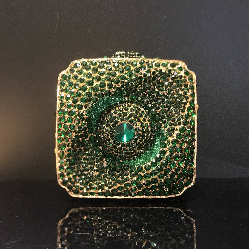 New Style Cosmic Eye Double Sided Full Crystal Mini Box Clutch Evening Purse bags WAAMII Green-gold hardware  