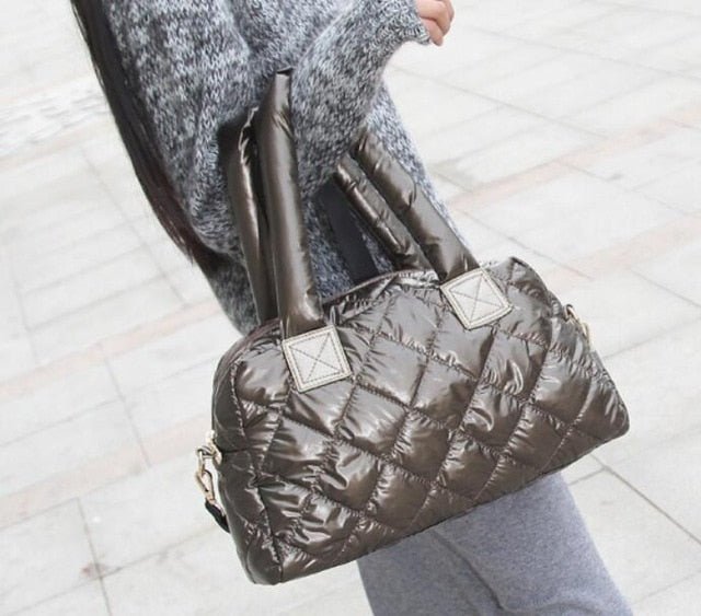 Nylon Shell Down Women Messenger Bag Ladies Quilted Handbag - Coffee - Luxury bags by WAAMII
