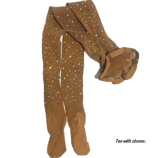 Women Sheer Sparkle Glitter Rhinestone Fishnet Pantyhose - Tan One Size - Luxury Accessories by WAAMII