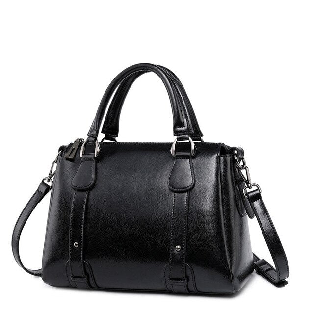 Vintage Ladies Oil Wax Leather Handbags Leather Satchel - Black - Luxury bags by WAAMII