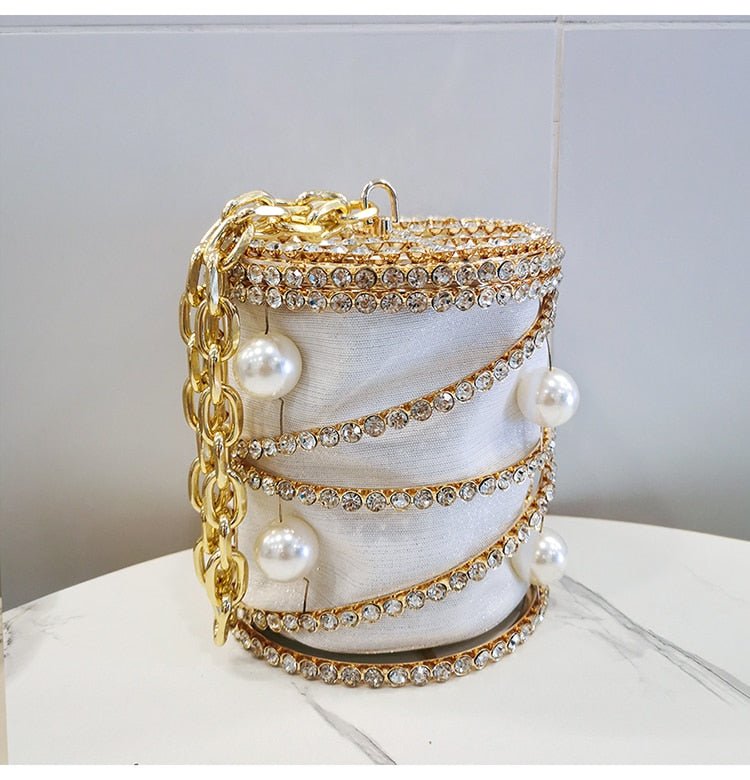 Rhinestones Big Pearls Metal Cage Clutch - White L13 X W13 X H15cm - Luxury bags by WAAMII