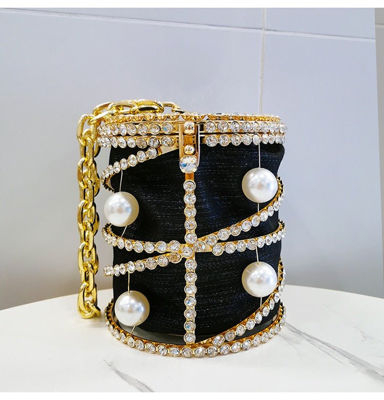 Rhinestones Big Pearls Metal Cage Clutch - Black L13 X W13 X H15cm - Luxury bags by WAAMII