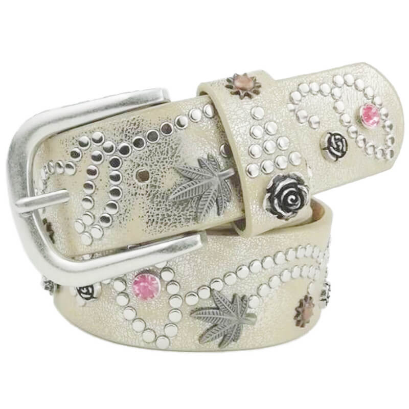 Rivet Rhinestone Studded Women Leather Belt For Jeans Pants - Light gold 110cm - Luxury Accessories by WAAMII