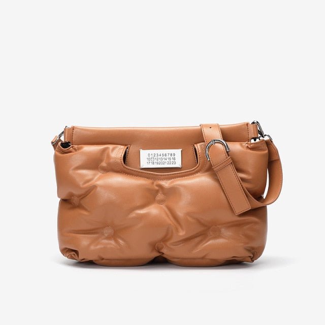 Ruched Ruffles Shoulder Cloud Space Cotton Down Crossbody Quilted Handbag - Brown 34-10-27cm - Luxury bags by WAAMII