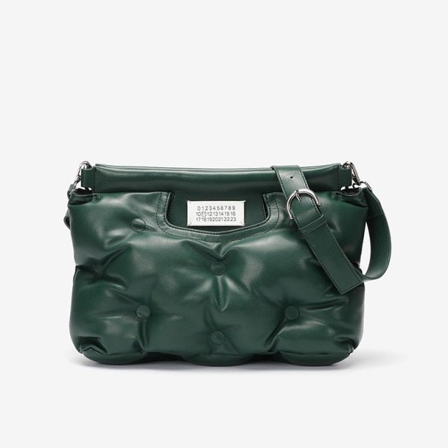 Ruched Ruffles Shoulder Cloud Space Cotton Down Crossbody Quilted Handbag - Green 34-10-27cm - Luxury bags by WAAMII
