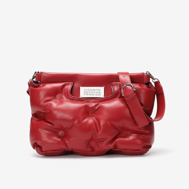 Ruched Ruffles Shoulder Cloud Space Cotton Down Crossbody Quilted Handbag - Red 34-10-27cm - Luxury bags by WAAMII