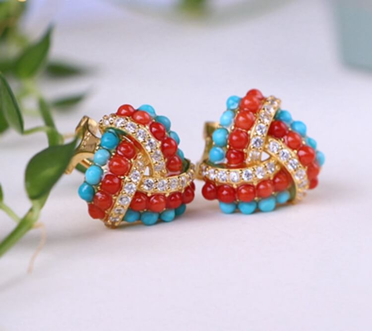 S925 Plating 18K Gold Vintage Natural Turquoise Stud Clips Jewelry WAAMII Red  