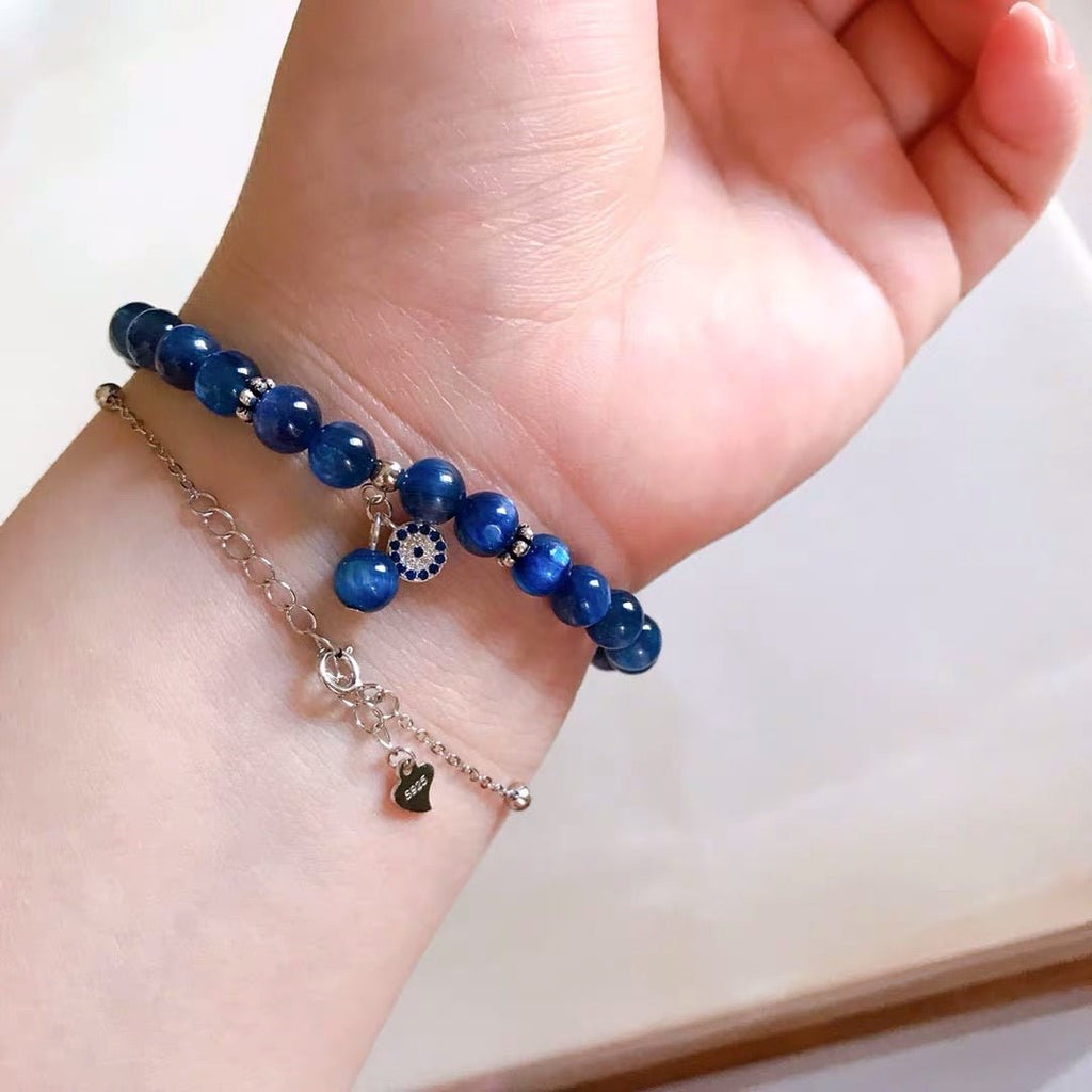 S925 Sterling Silver Genuine Blue Kyanite Semi-precious Healing Crystal Beads Bracelet - - Luxury Jewelry by WAAMII
