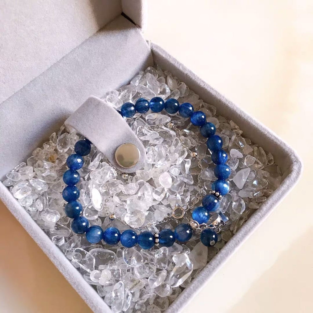 S925 Sterling Silver Genuine Blue Kyanite Semi-precious Healing Crystal Beads Bracelet - - Luxury Jewelry by WAAMII